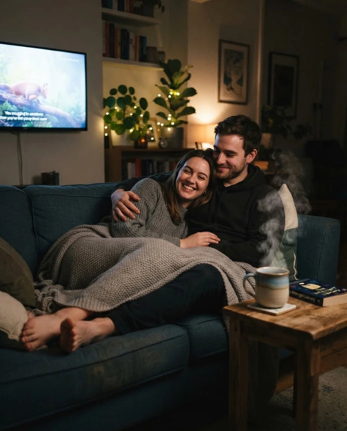 A couple on the sofa in the evening with the television on at a normal volume