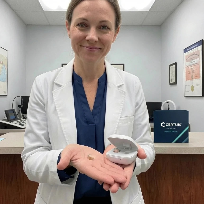 Laura B., audiologist, holding an open Certus case in her clinic