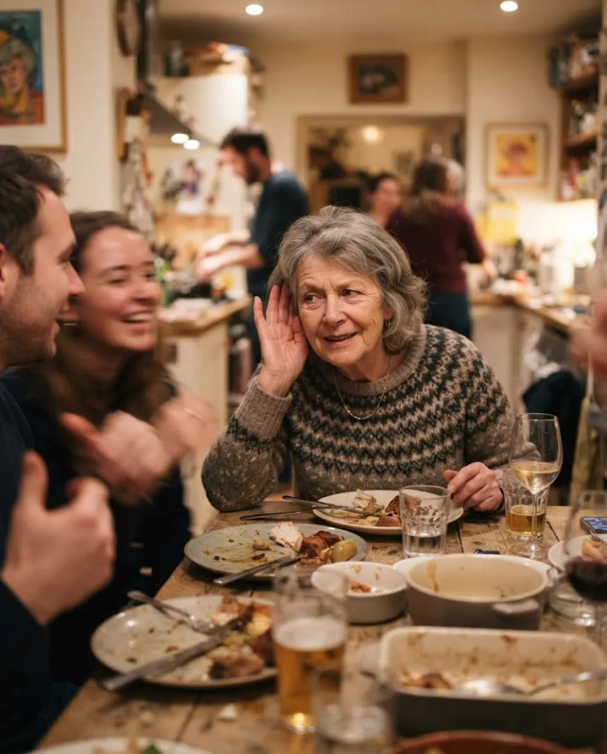 A woman at a busy family dinner leaning in with a hand cupped to her ear, everyone else mid-laugh