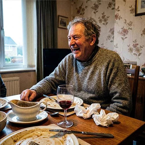 An older man at his dinner table, smiling