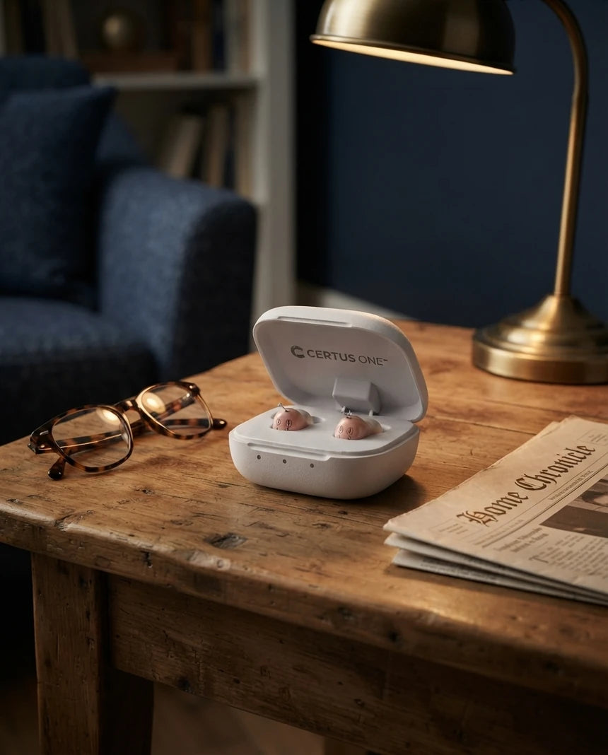 An open Certus case on a wooden side table beside reading glasses and a folded newspaper, under a warm lamp
