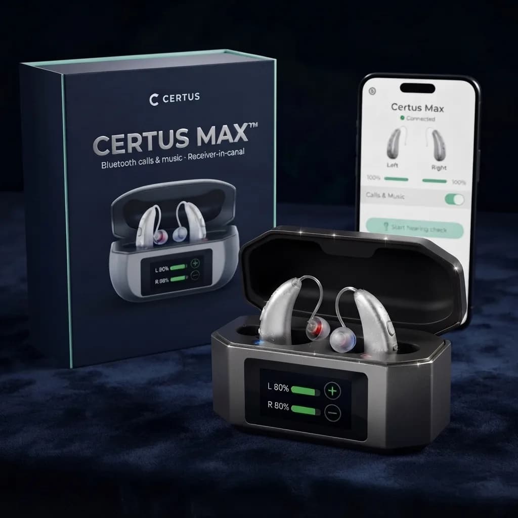 Certus Max: both hearing aids in the open touchscreen charging case, in front of the navy box
