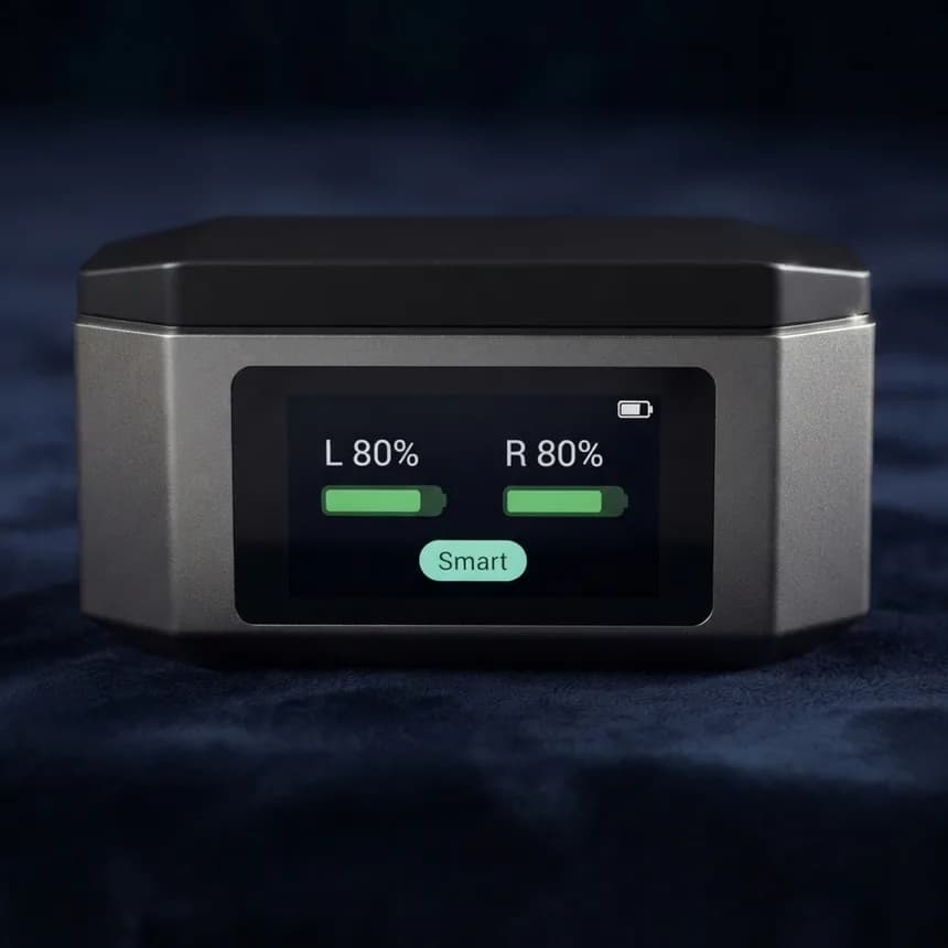 The Certus Max case screen shows the left and right volume, the mode and the battery