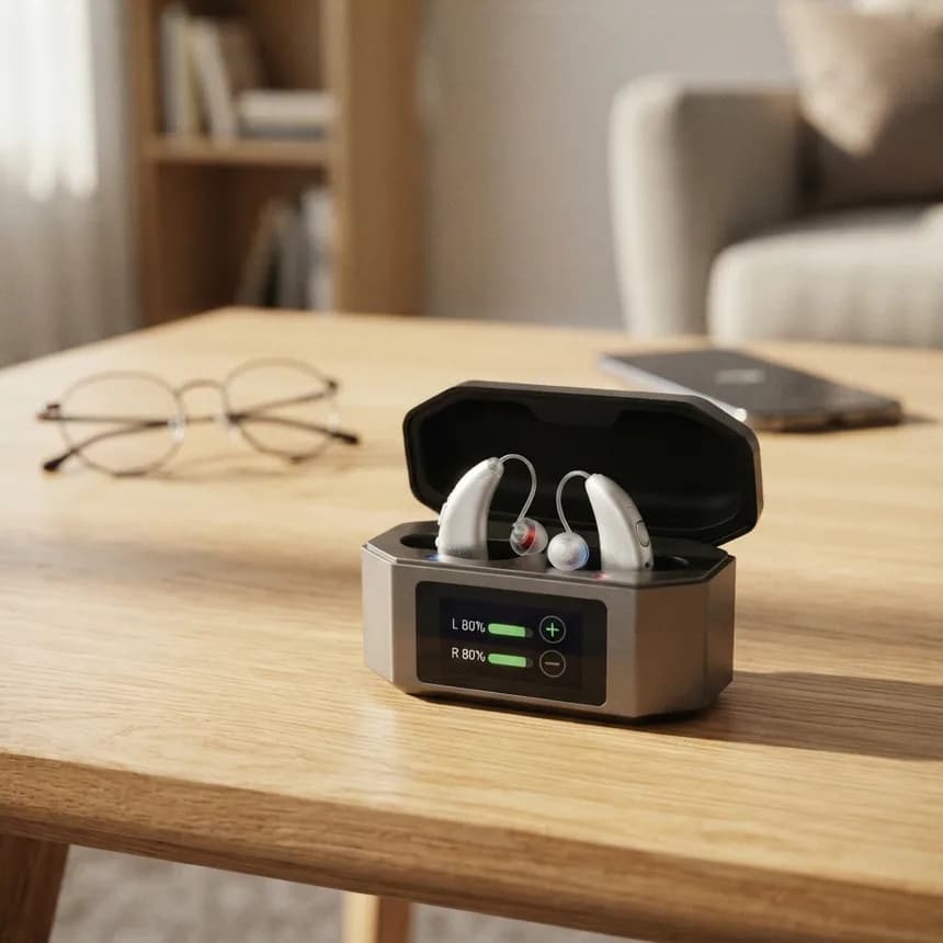 Certus Max hearing aids resting on the touchscreen charging case