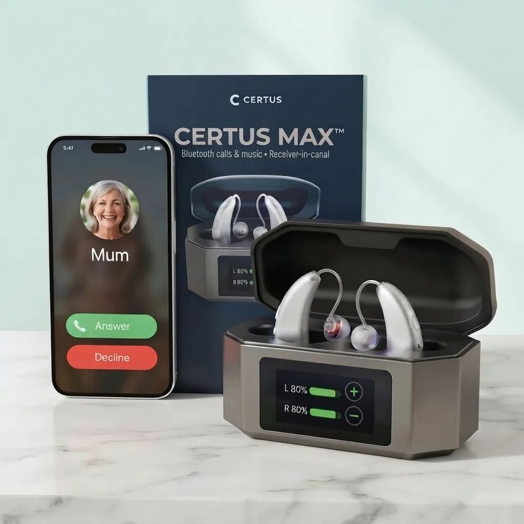 Certus Max hearing aids in their open touchscreen charging case