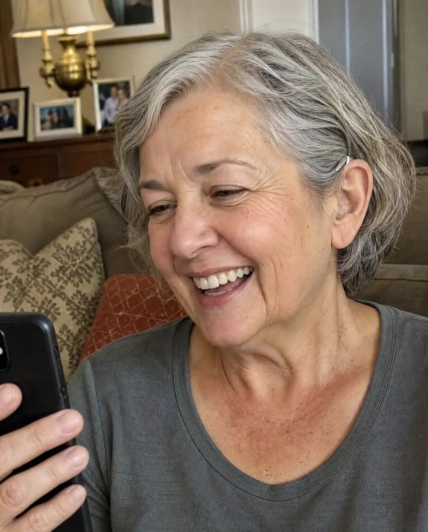 Laughing on a video call with the family, Certus Max behind the ear