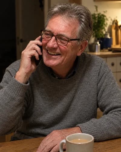 Ewan M, verified Certus Max customer, on the phone at home