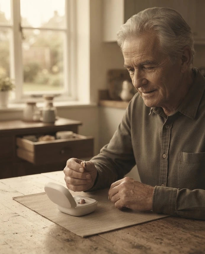 An older man sitting at a window-lit kitchen table in the morning, holding one tiny Certus One device between his finger and thumb and looking at it with cautious hope, the open case in front of him