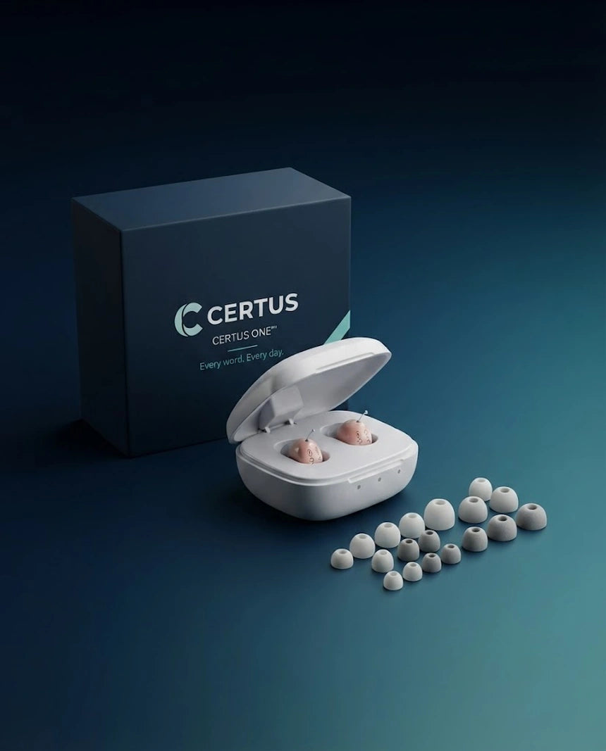 The Certus One charging case open on a soft green-grey surface, both in-ear devices resting inside, with one device beside a coin to show the scale