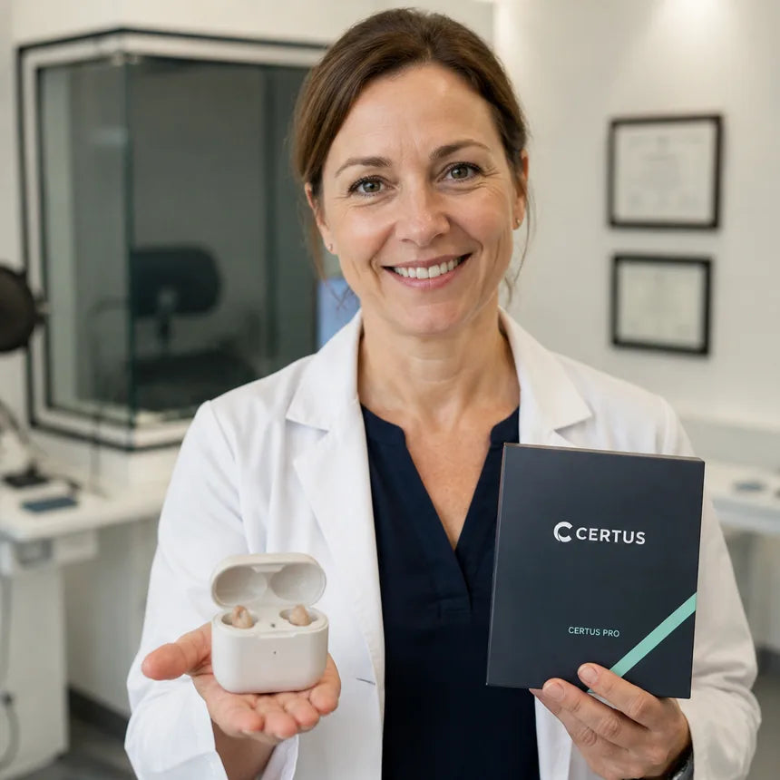 Laura B., audiologist, holding the Certus Pro case
